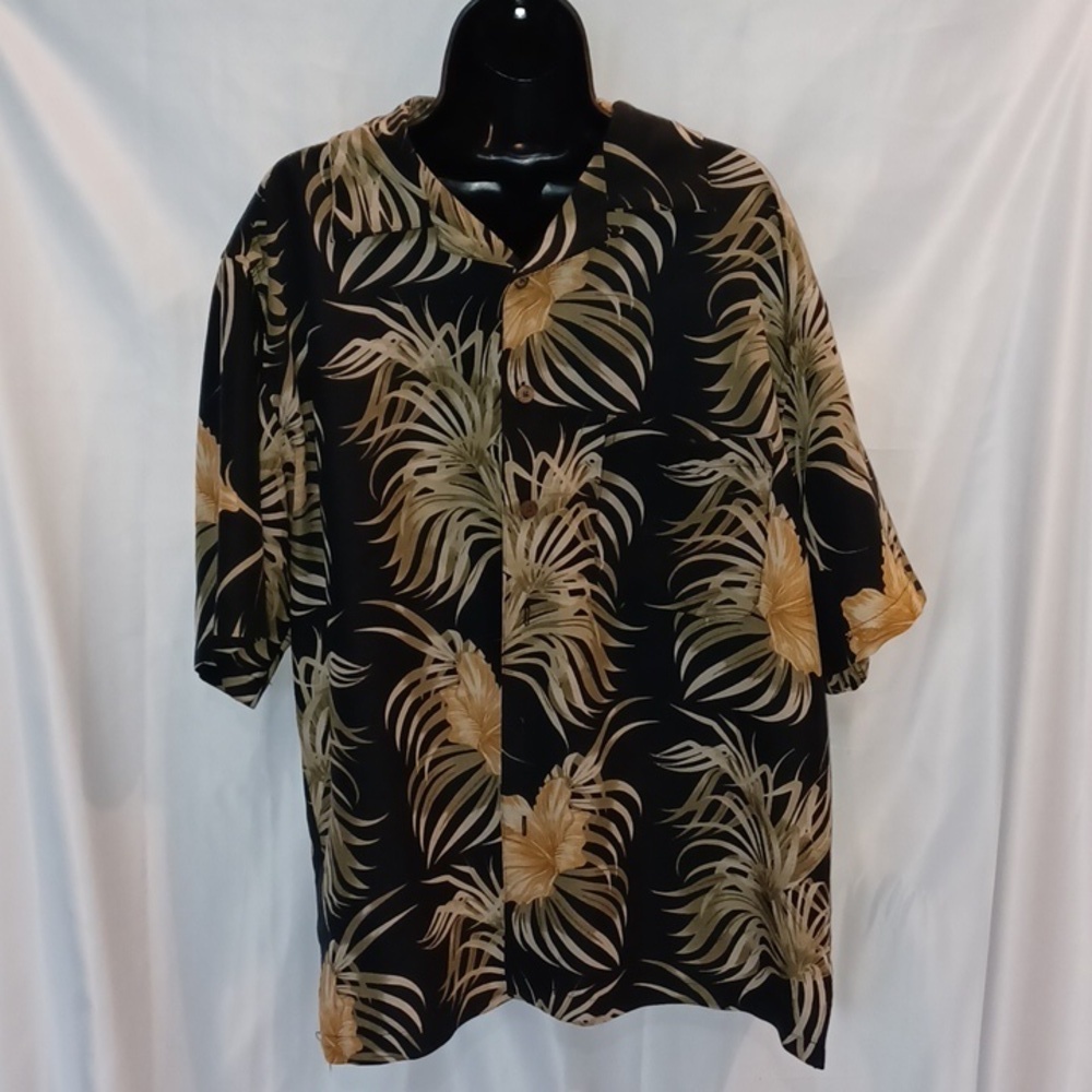 Joe Marlin Hawaiian Shirt Sz L Palm frond Green Black orange Tropical Tiki Rayon